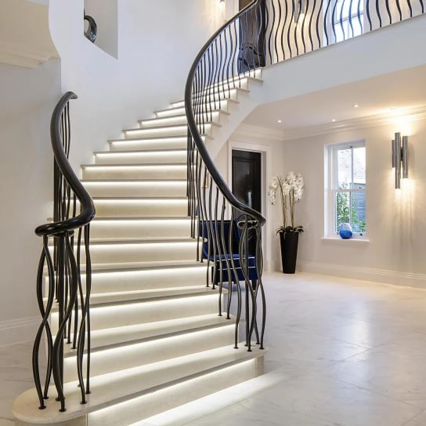 Luxury Stairs Design Steel Double Plate Beam Marble Step Curved Stairs with Stainless Steel Stair Railing for Sale
