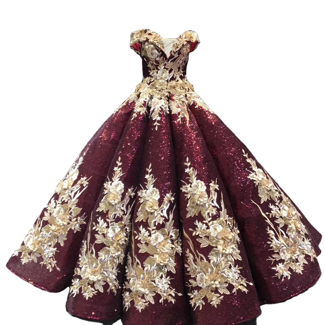 Wholesale dark red Ball Gown Aline ball bridal dress  Off Shoulder Bead Tulle  Wedding Dress floor  length women dress