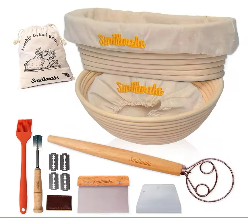 Eco-Friendly Rattan Bread Sourdough Proofing Basket Set Dishwasher Safe Flexible Flexible Pastry Cutters & Dough Whisk Baking