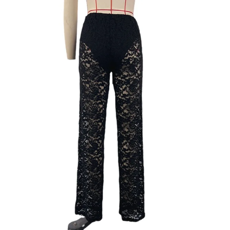 PB  Summer hot new product sexy versatile lace see-through high-waisted spliced long straight pants for women