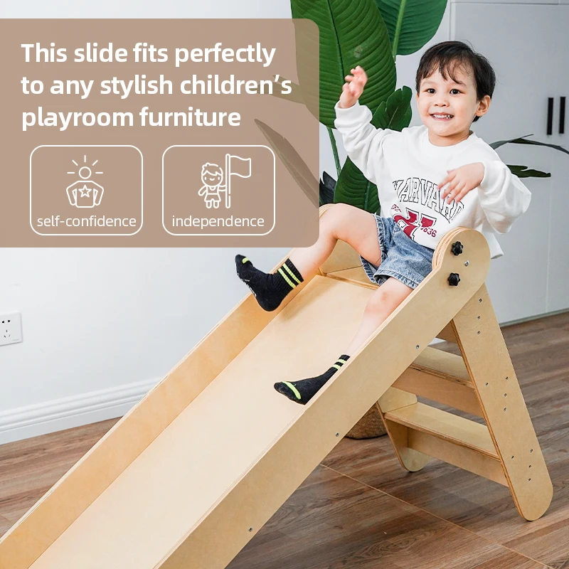 Best Montessori Wooden Kids Slides Indoor Outdoor Light Smooth Soft Play Equipment Slides For Kids Room Indoor Hire Baby Slide
