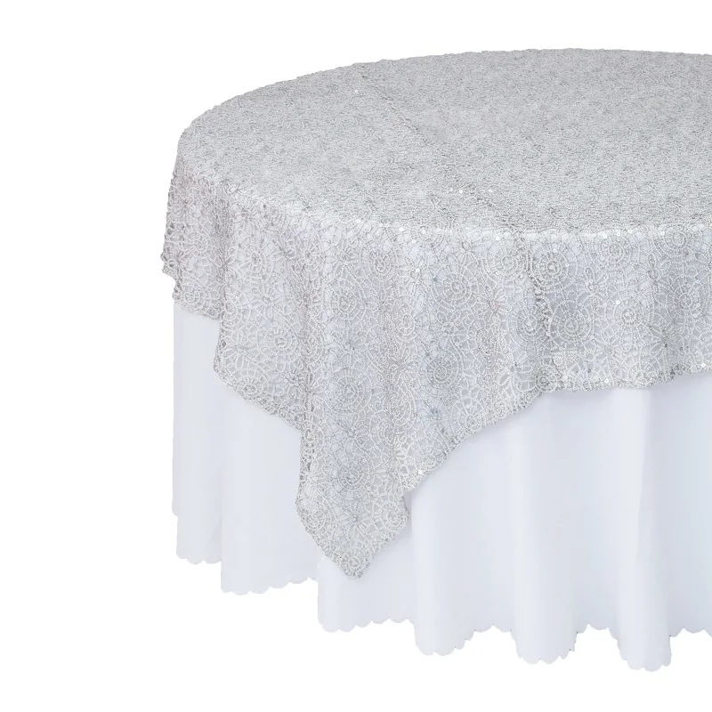 Customized Size Premium Round Silver Sequin on Mesh Table Overlay Lace tablecloth for wedding table cloth