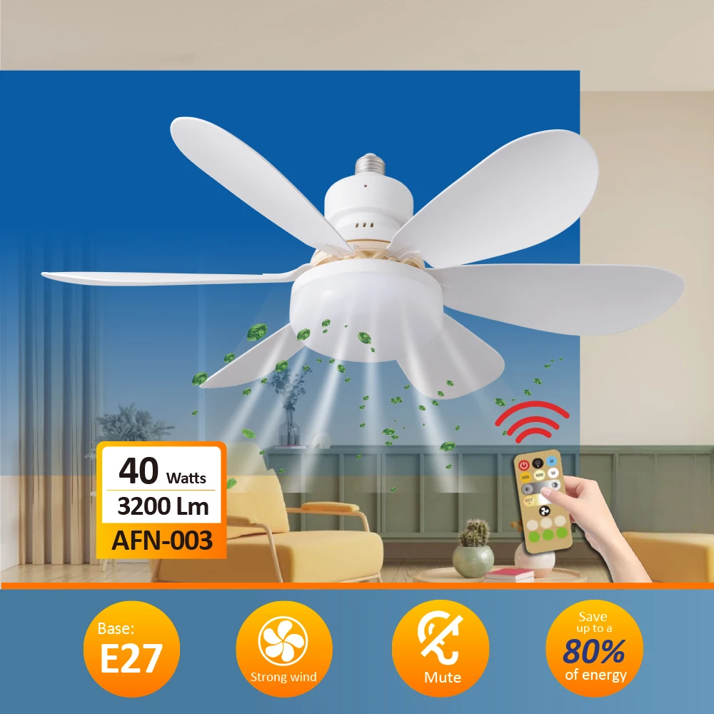 2024 Home LED Quiet 20 inch Ceiling Fan With 1000 lumens Lamp Ventilador Bedroom Remote Control dimmerble LED socket fan