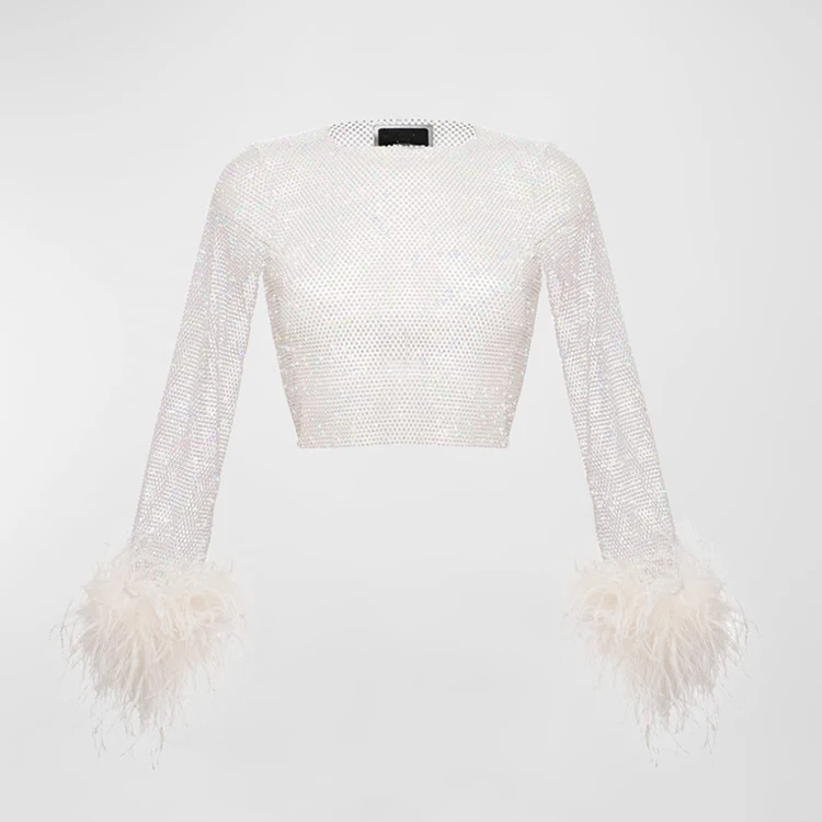 Sexy Crew neckline Long Sleeve Ostrich Turkey Feathers Rhinestone Crop Top High Low Side Slit Maxi Long Skirt