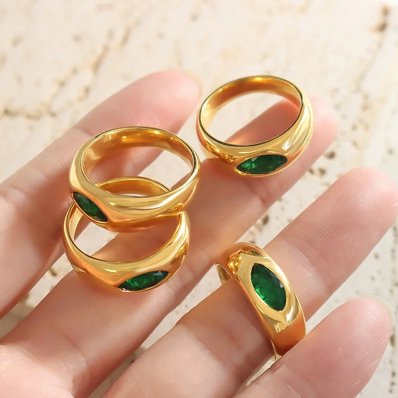 Thailand Style Ancient Temperament Jewelry Oval Green Zircon Ring Plated 18K Yellow Gold Stainless Steel Emerald Zircon Ring