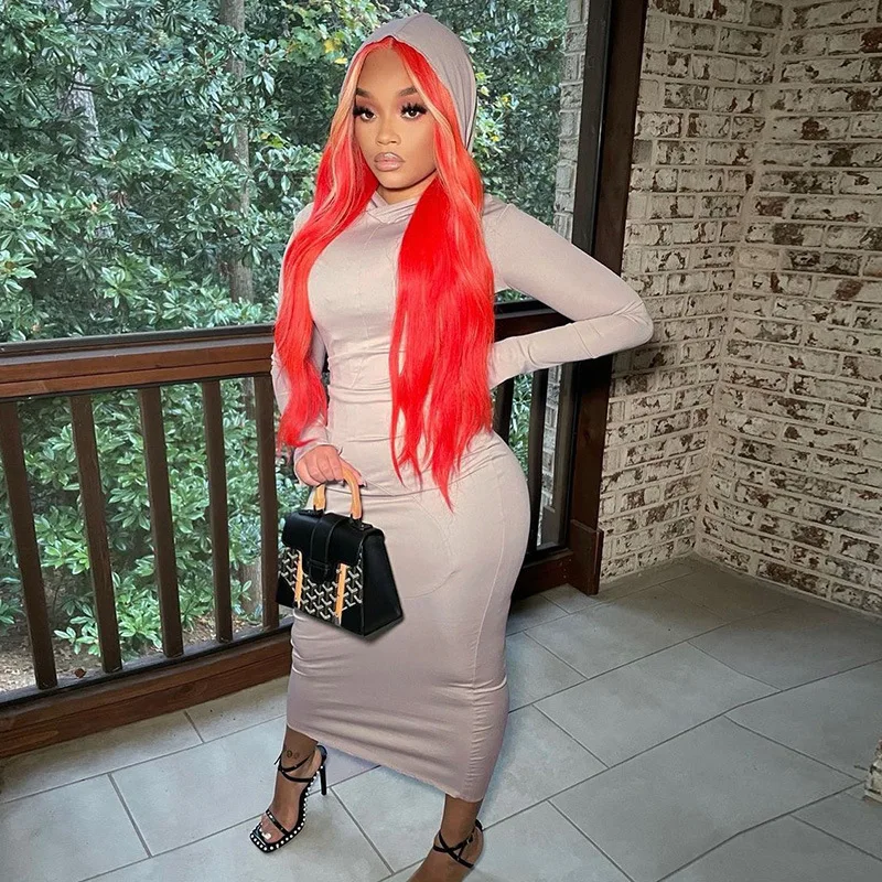 Solid Hooded Casual Soft Midi Dress Women 2022 Long Sleeve Autumn Winter Clothes Wholesale Boutique Elegant Apparel