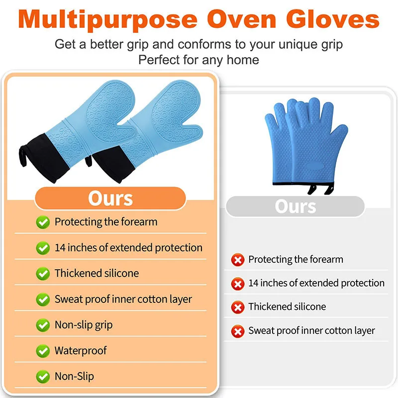 Heat Resistant Silicone Oven Mitts Waterproof Grilling Gloves Extra Long BBQ Gloves Non-Slip Pot Holder for Baking BBQ