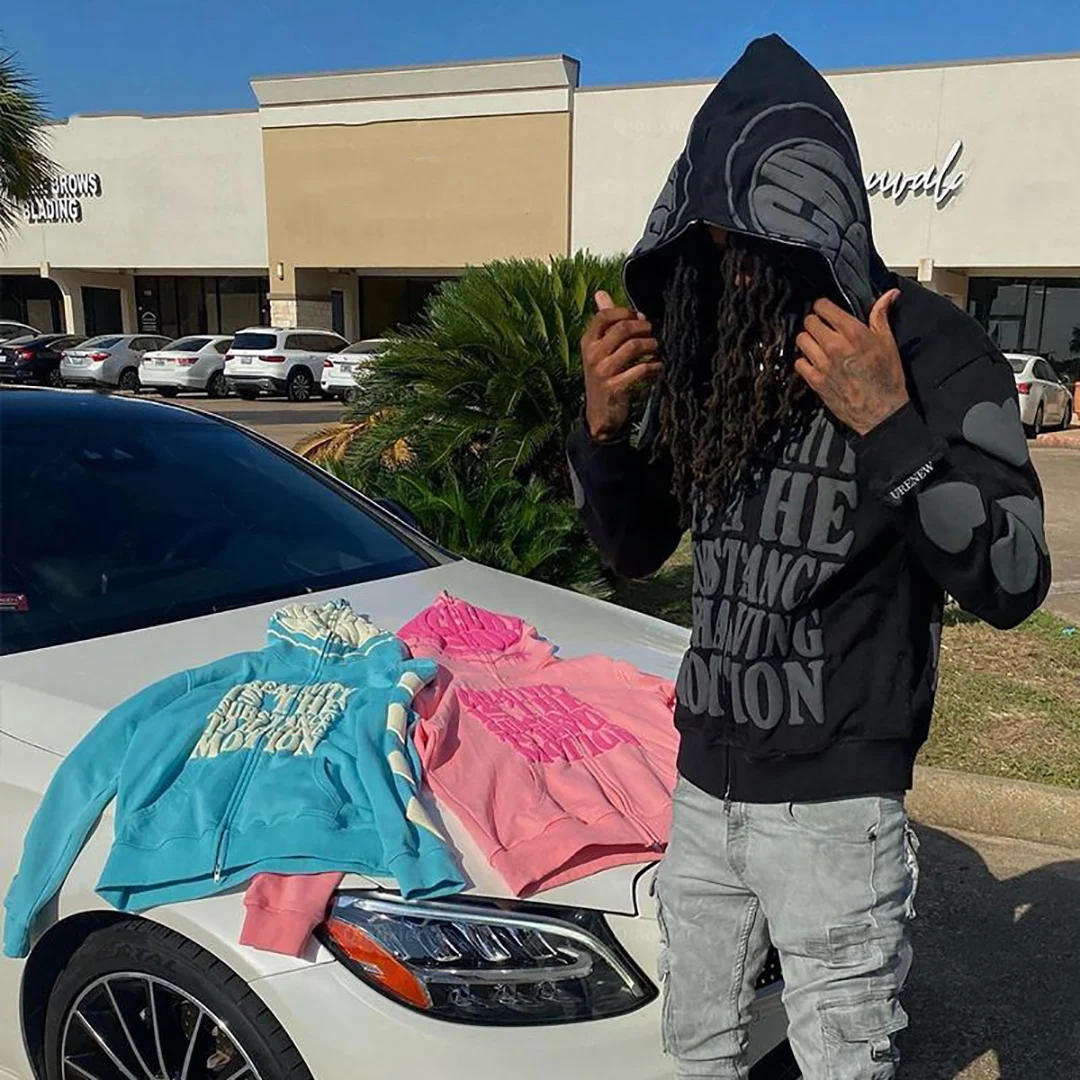 Custom Logo Puff Printing Men Hoodie Oversized Streetwear 100% Cotton French Terry Casual Zip Hoodie With Custom Design Clothing