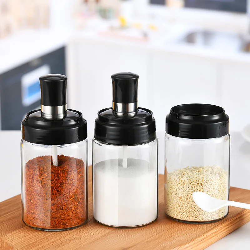 250ML Pepper Cruet Oil Bottle Spoon Cover Glass Honey Seasoning Bottle Moistureproof Kitchen Condiment Spice Jar