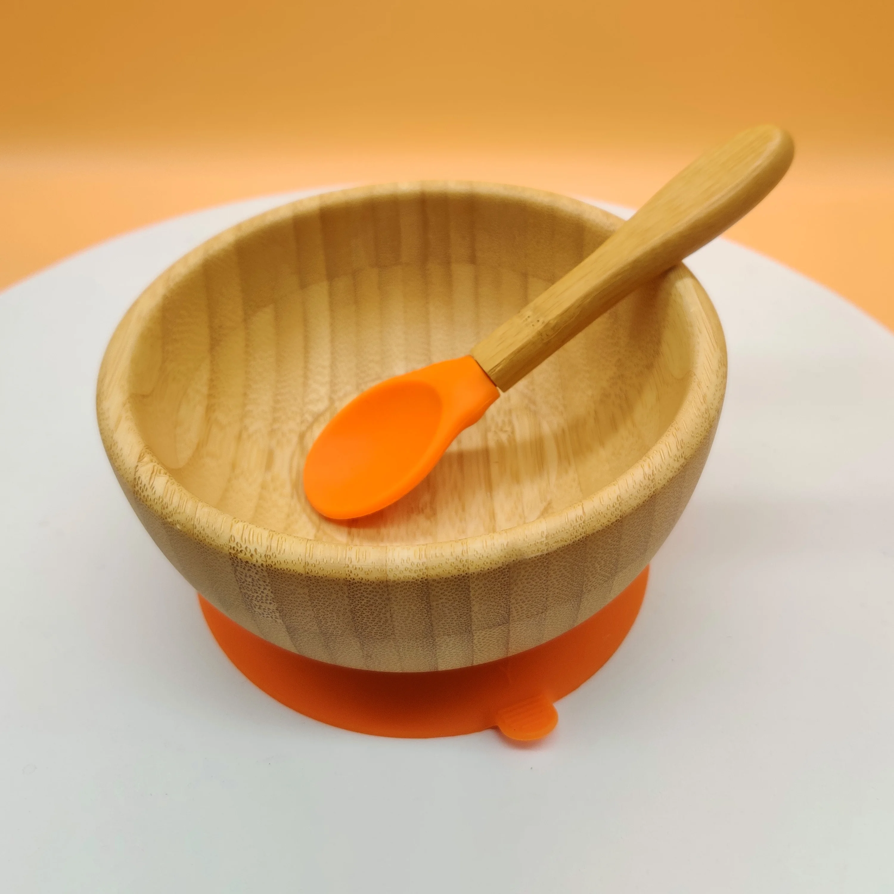 Baby Toddler Infant Feeding Bowls | Stay Put Natural Bamboo Suction Bowl + Soft Tip Silicone Spoon Set BPA Free