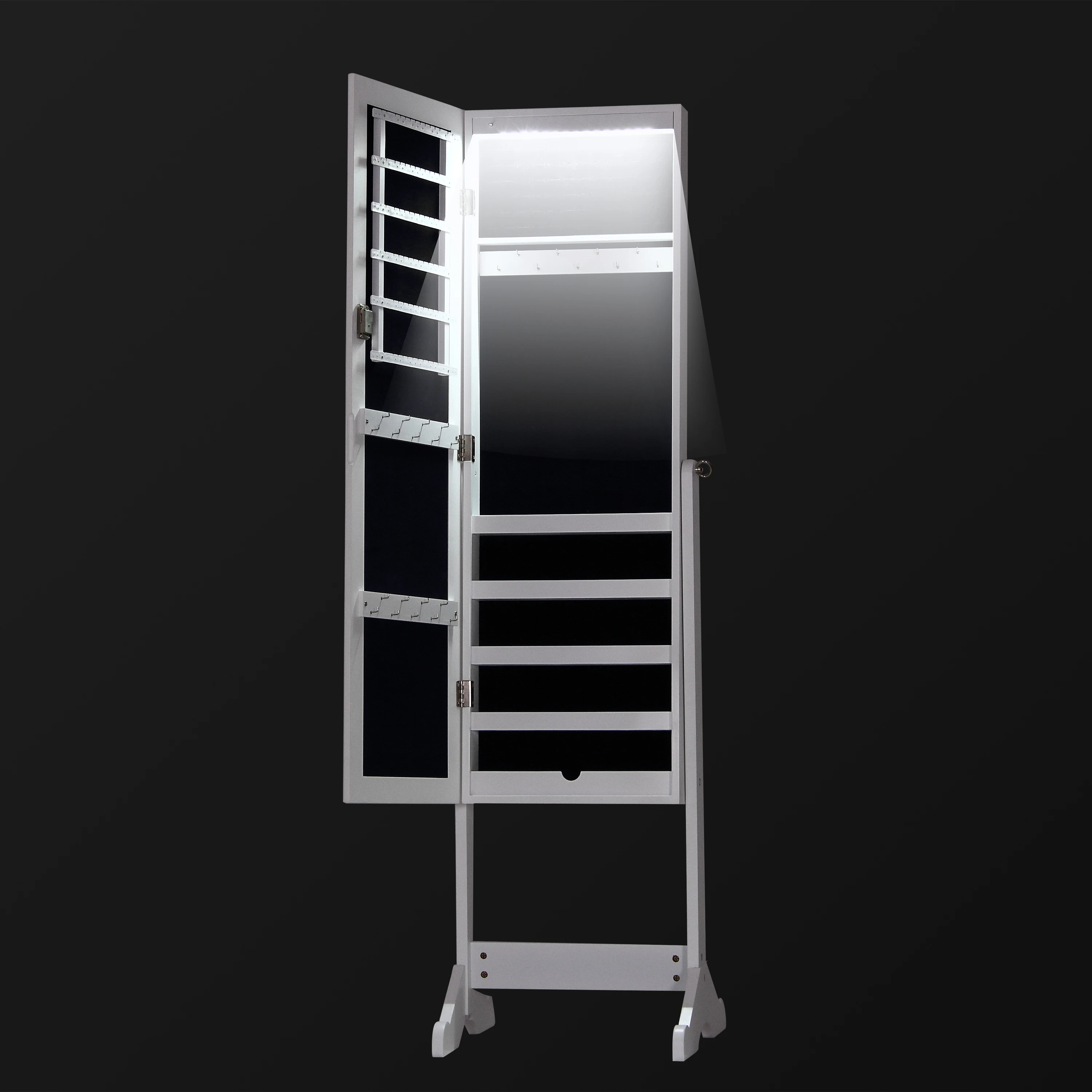 Flat angle MDF wood floor standing Jewelry cabinet mirror full-length mirror with storage box  white black with LED LIGHTING