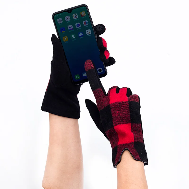 2022 New Women Fashion Houndstooth Pattern Woolen Gloves For Adults Winter Outdoor Warm Thicken Christmas Touchscreen Gloves