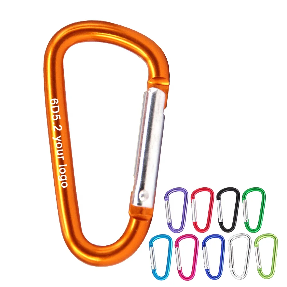 6 D shaped 60*30*5.2mm Aluminum alloy split ring snap clip engraved logo Metal quick use carabiner hooks for camping hiking