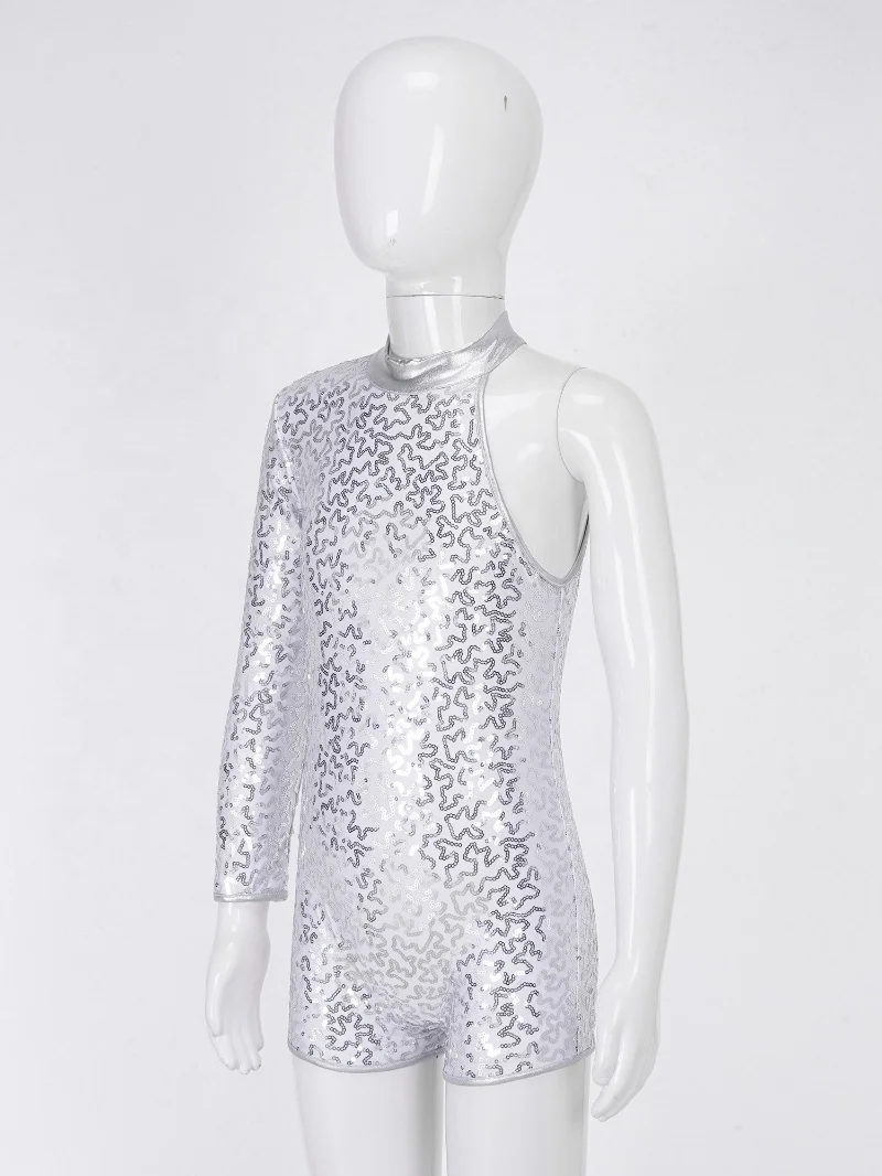 Shiny Sequin Jazz Dance Costumes Hip Hop Dance Dress Leotards Professional Single Long Sleeve for Kids Sets Performance 4 Colors