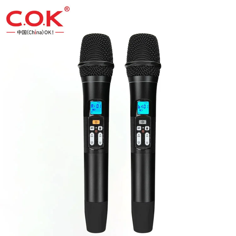C.O.K dual rechargeable hand mic cordless uhf with battery powered 6.35mm usb receiver  and circuit diagram for speaker