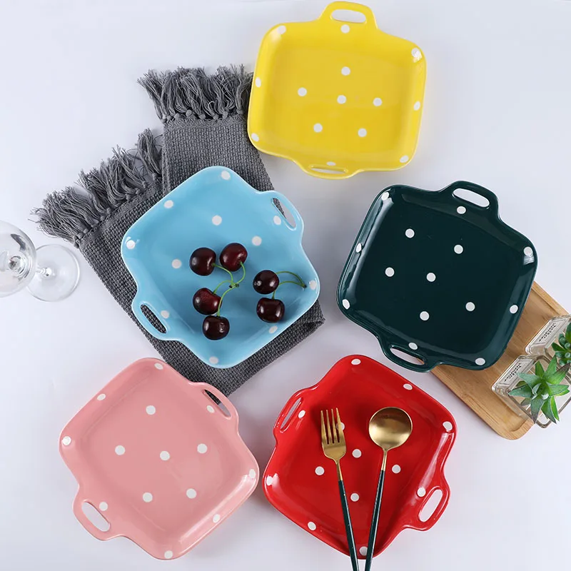 Korean Style Cheap Dinner Plates Kid Plates Creative Five Color Ceramic Plate With Two Handle