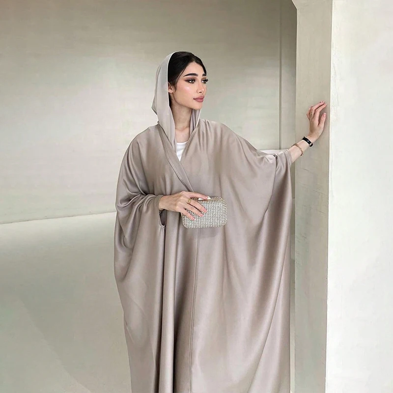 Islam Oversized Hooded Satin Open Abaya Dress 2024 Fashionable Soft-Light Satin Batwing Sleeve Hooded Abaya