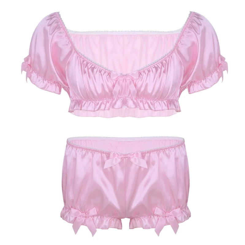 Cheap Sissy Sleepwear Set Soft Silky Short Sleeves Crop Top with Bloomers Boxer Briefs Satin Lingerie For