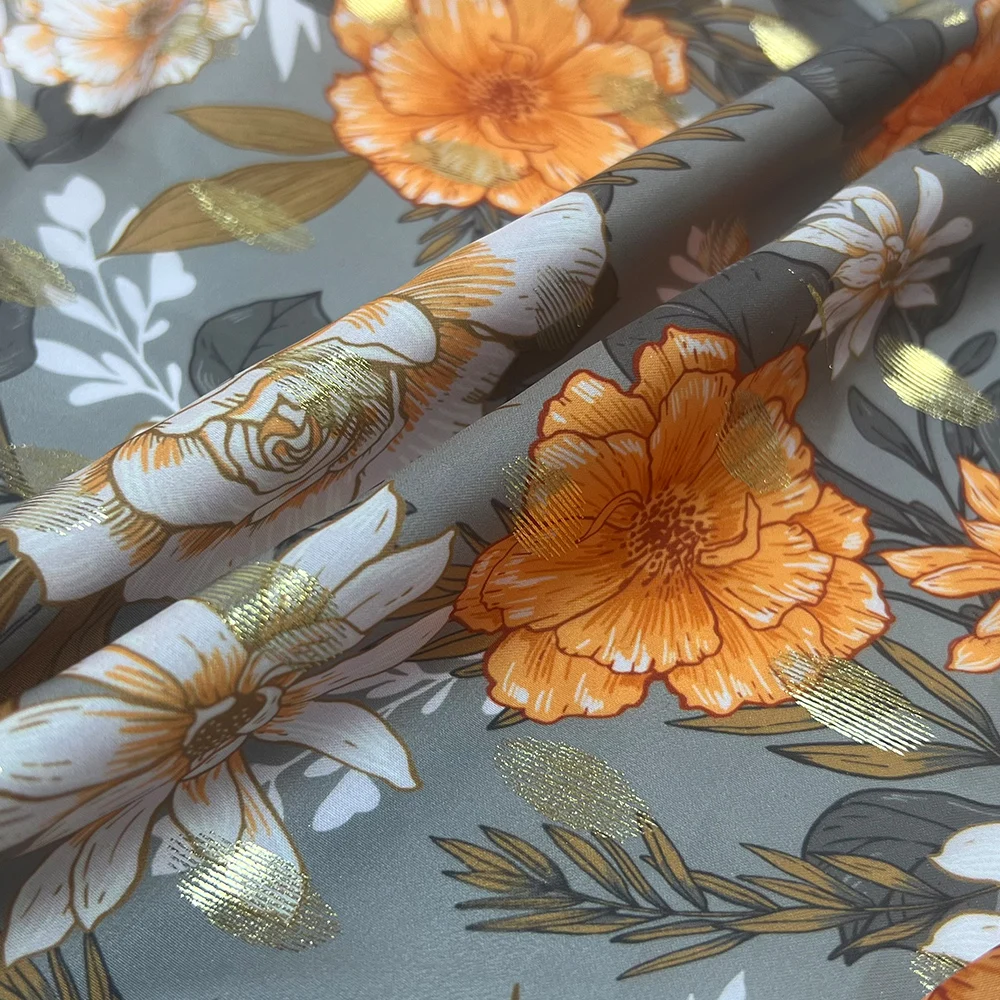 Shaoxing Manufacture Reliable Quality Gold Stamping Silk Satin Gilded Printed Polyester Satin Fabric For Dress