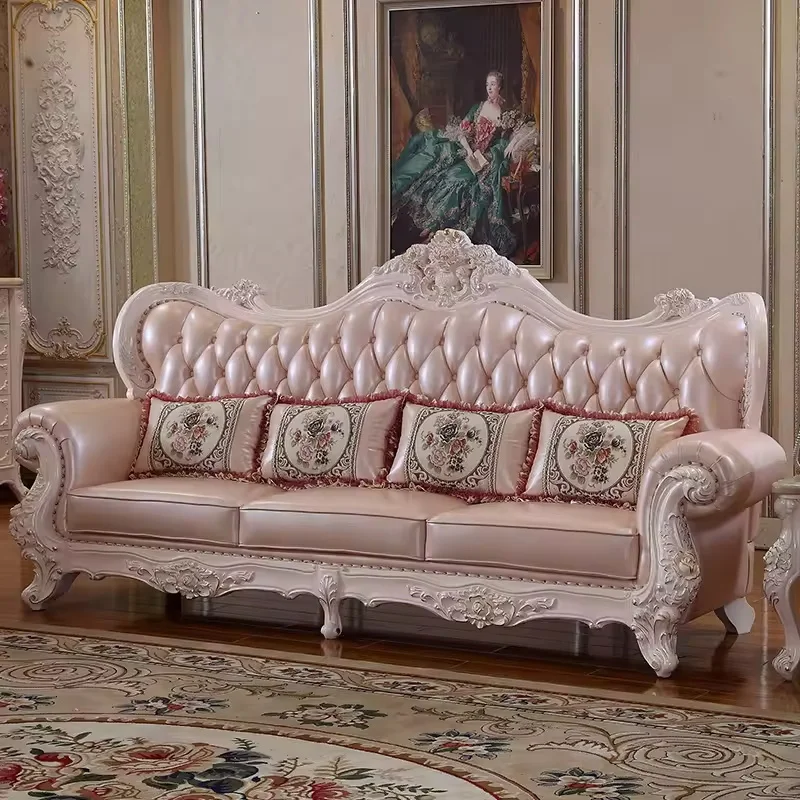 European Modern Leather Pink Princess Sofa Set Family Villa Hotel Living Room Luxury Leather Solid Wood Hand Carved Sofa