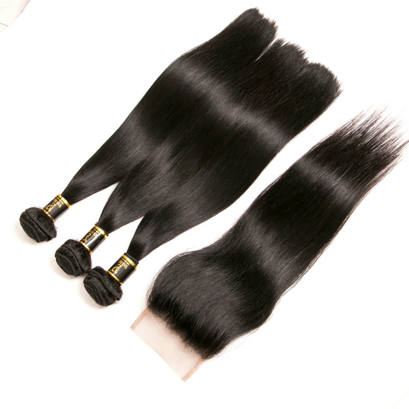 
free shipping brazilian human hair weave straight 3 bundles with lace closure 