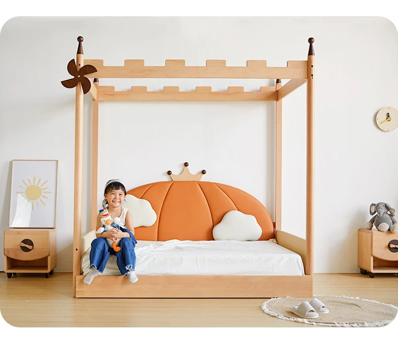 Pumpkin castle bed retractable bed solid wood children's bed girl boy pull broaching bed_13