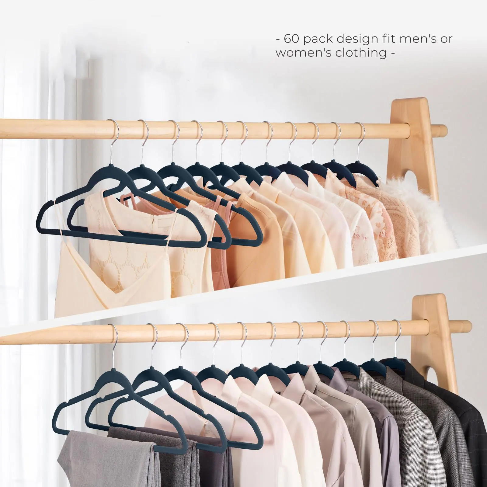 Wholesale Modern Space Saving Navy Non Slip Flocked Suit Coat Clothes Velvet Hanger 60 Pack