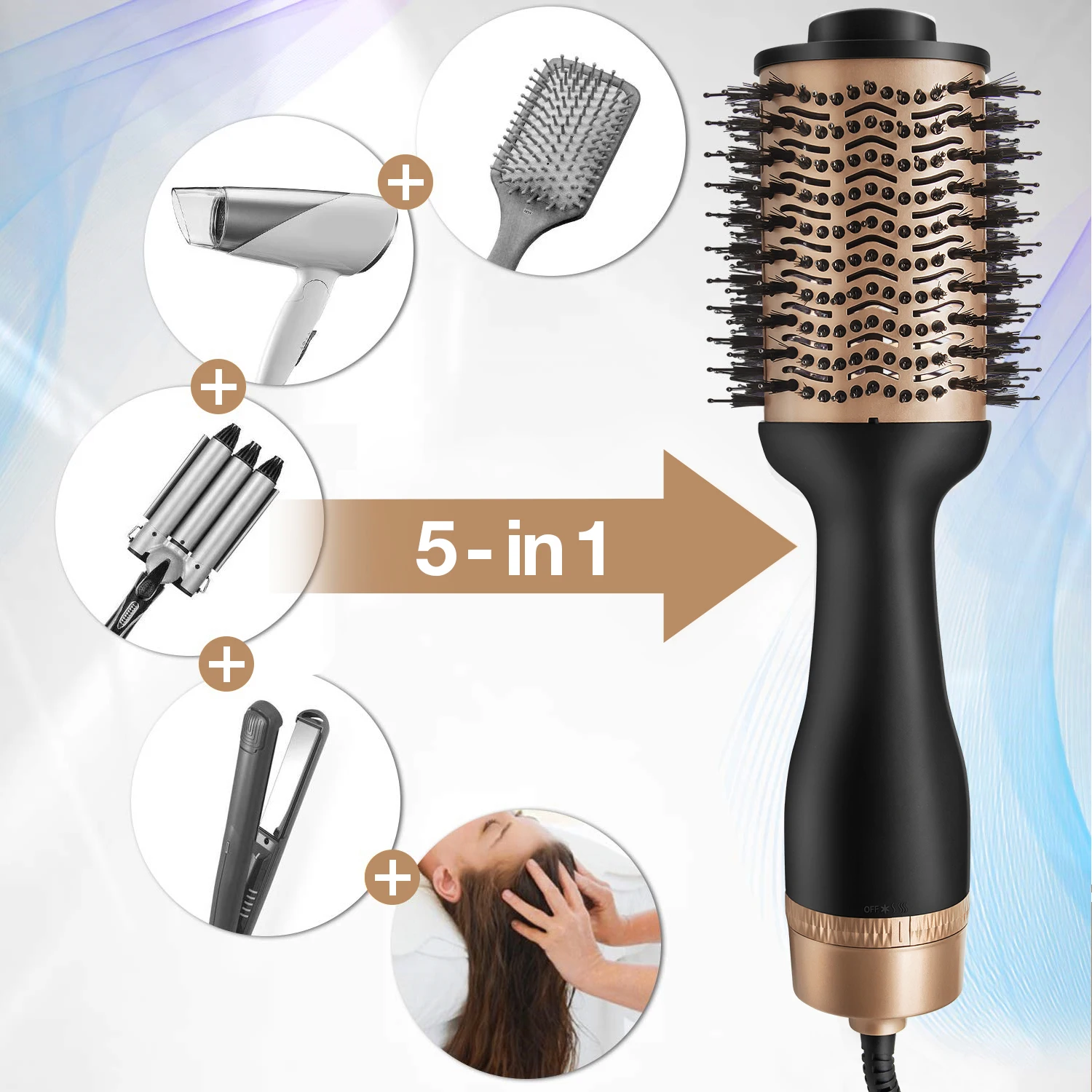 Professional Hot Hair Brush Dryer Comb Hot Air Brush Styler One Step Hair Dryer and Volumizer Ionic Diffuser Usb Black