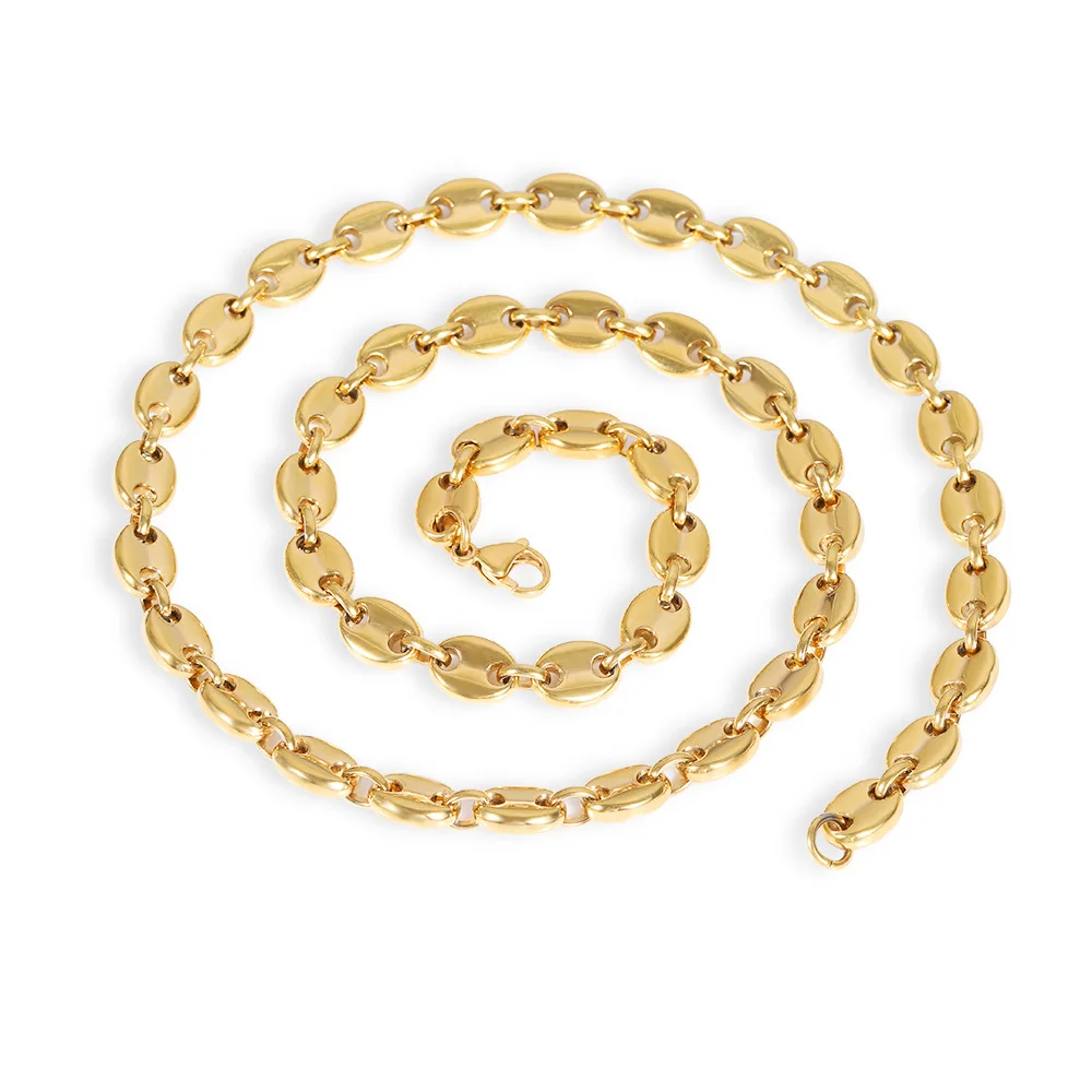 European and American hop real gold plated 8mm coffee bean necklace lobster stainless steel pig nose button