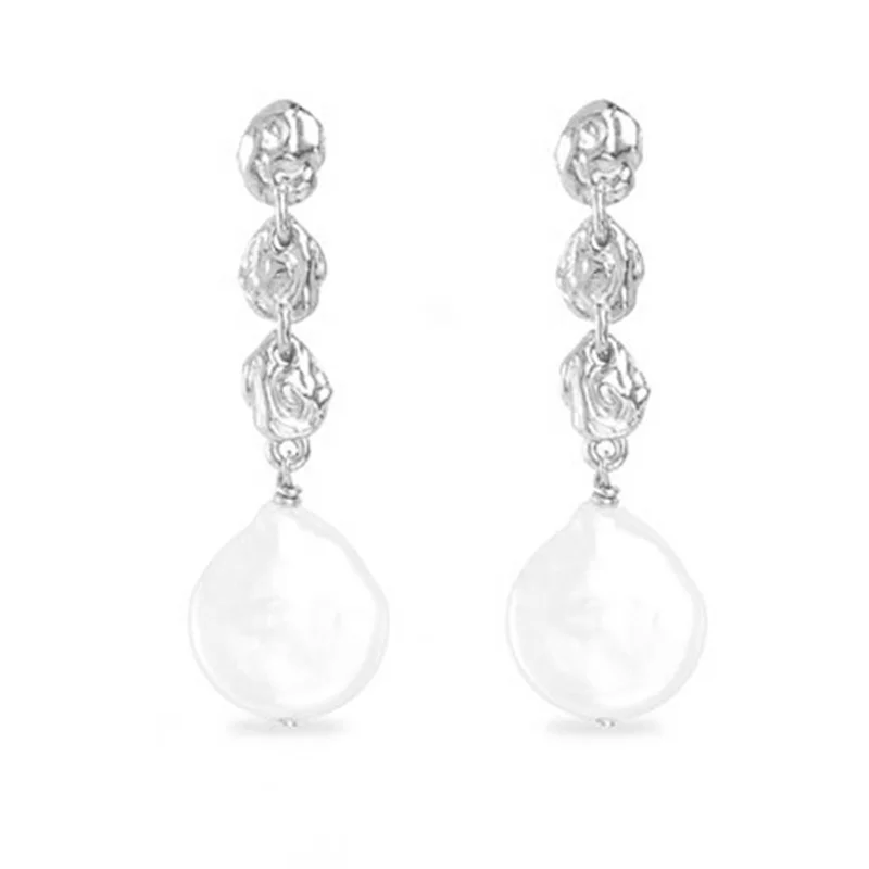 Milskye chic fine jewelry 925 sterling silver 18k gold plated natural drop coin freshwater pearls stud earring