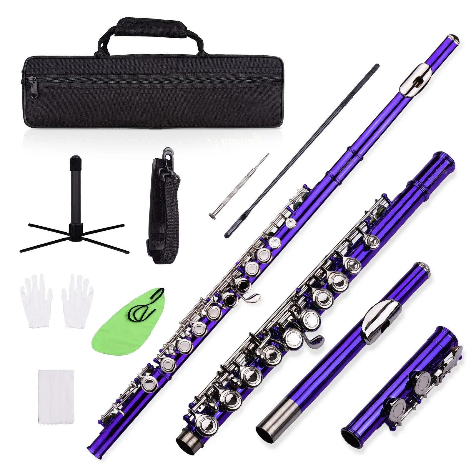 Closed Hole C Flute 16 Keys Cupronickel Nickel-plated Wind Instrument with Carry Case Flute Stand Cleaning Cloth Mini Scr