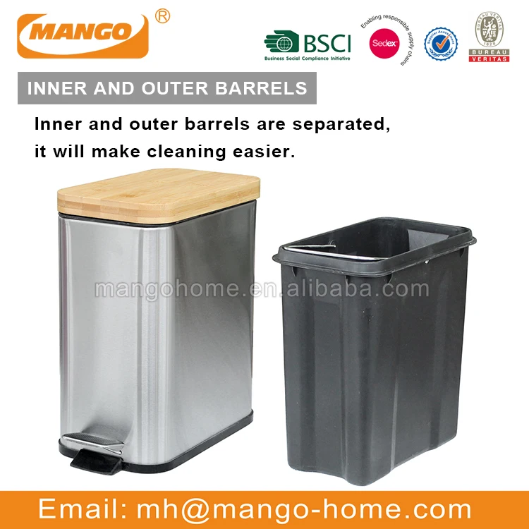 New Eco-friendly Bamboo Lid Stainless Steel Foot Pedal 3L 5L Waste Bin Metal Garbage Bin Dust Bin  For Kitchen Bathroom Office