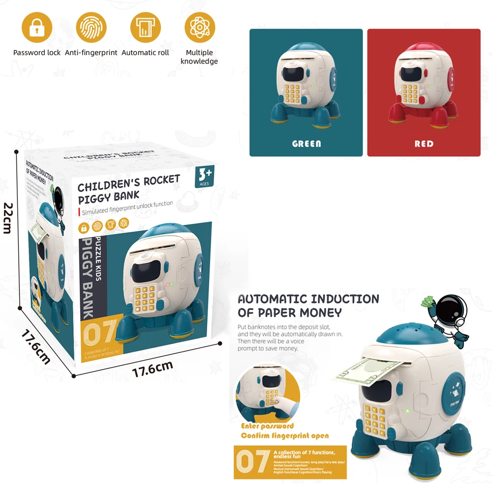 Hot selling product Rocket shaped Electronic Automatic Mini Safe Coin Cash Saving Auto-rolling Money Box Children Piggy Bank toy