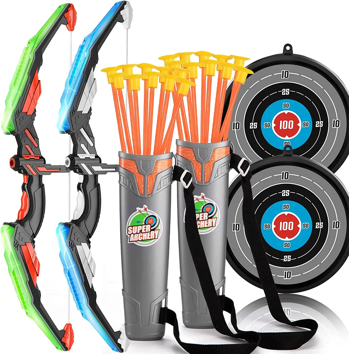 Hot 2 Pack Set LED Light Up Archer Bow and Arrow Kids Bow and Arrow Set with 2 Bow 20 Suction Cup Arrows 2 Target & 2 Quiver
