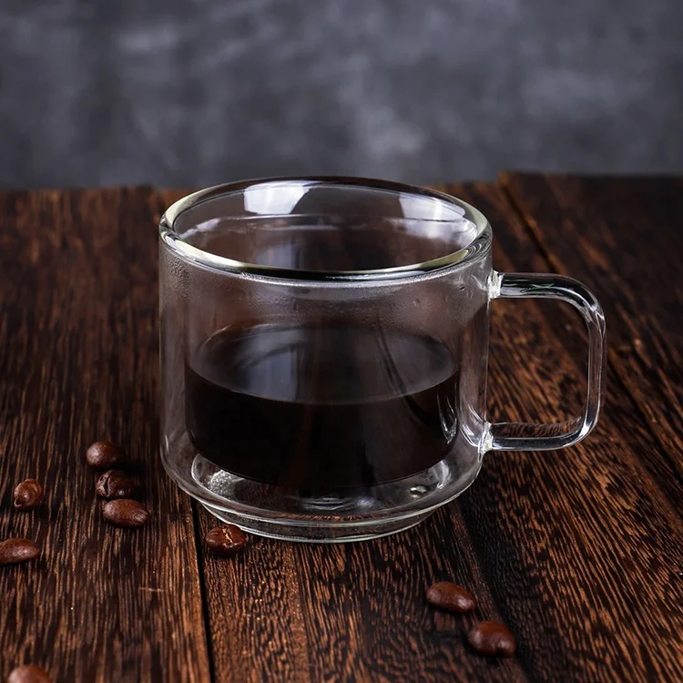 350ml Glassware Coffee Glass Cups, Double Wall Glass Coffee Mu,Clear Glass Coffee Tea Mug With Handle