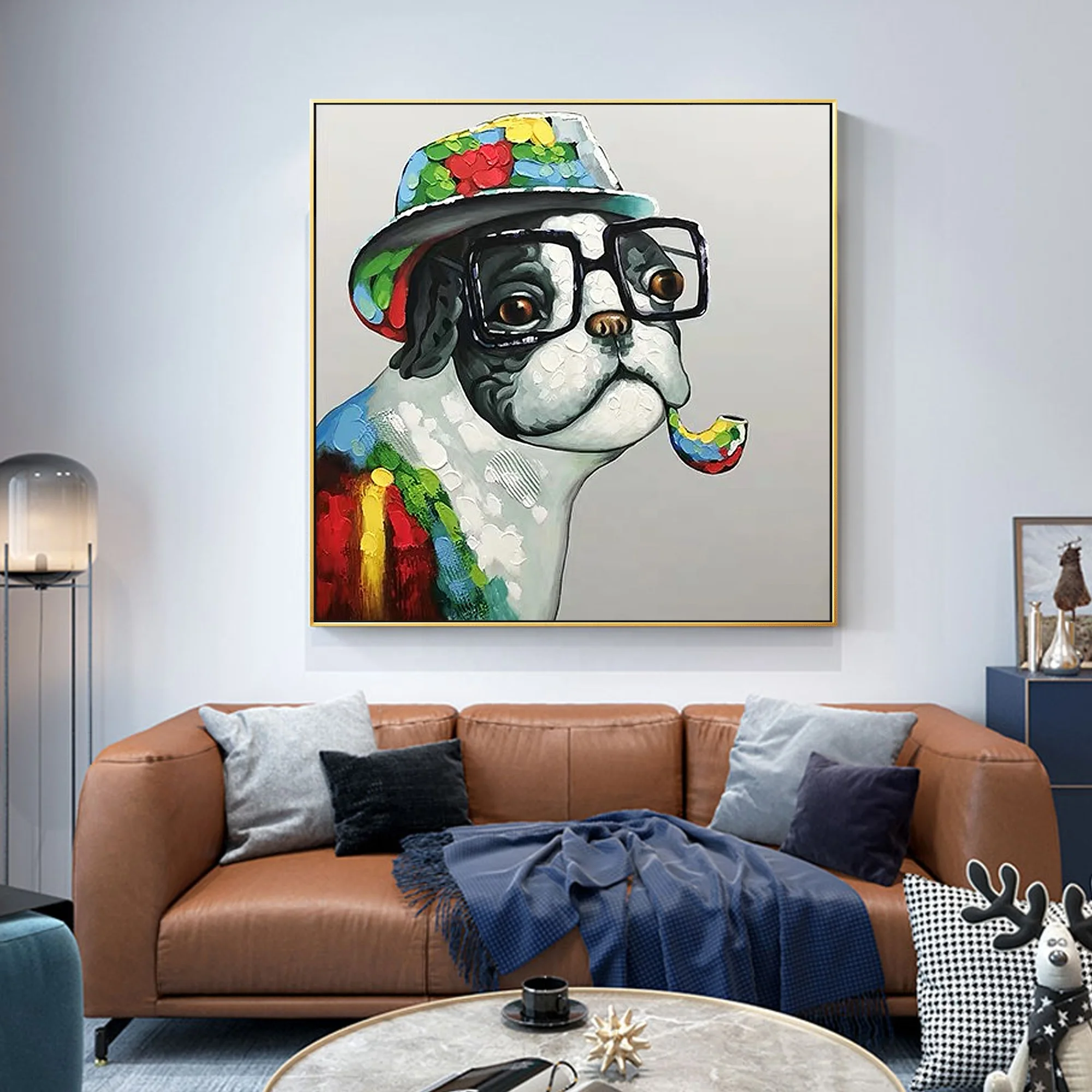 
Pop art painting glasses dog handmade yellow red green animal acrylic painting wall Art pictures for living room home decor 