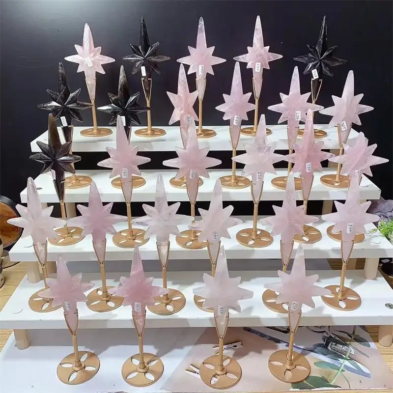 Natural Rainbow Fluorite North Star Crystal Polaris Rose Quartz Carvings and Polar Star Chakra Healing With Metal Stands