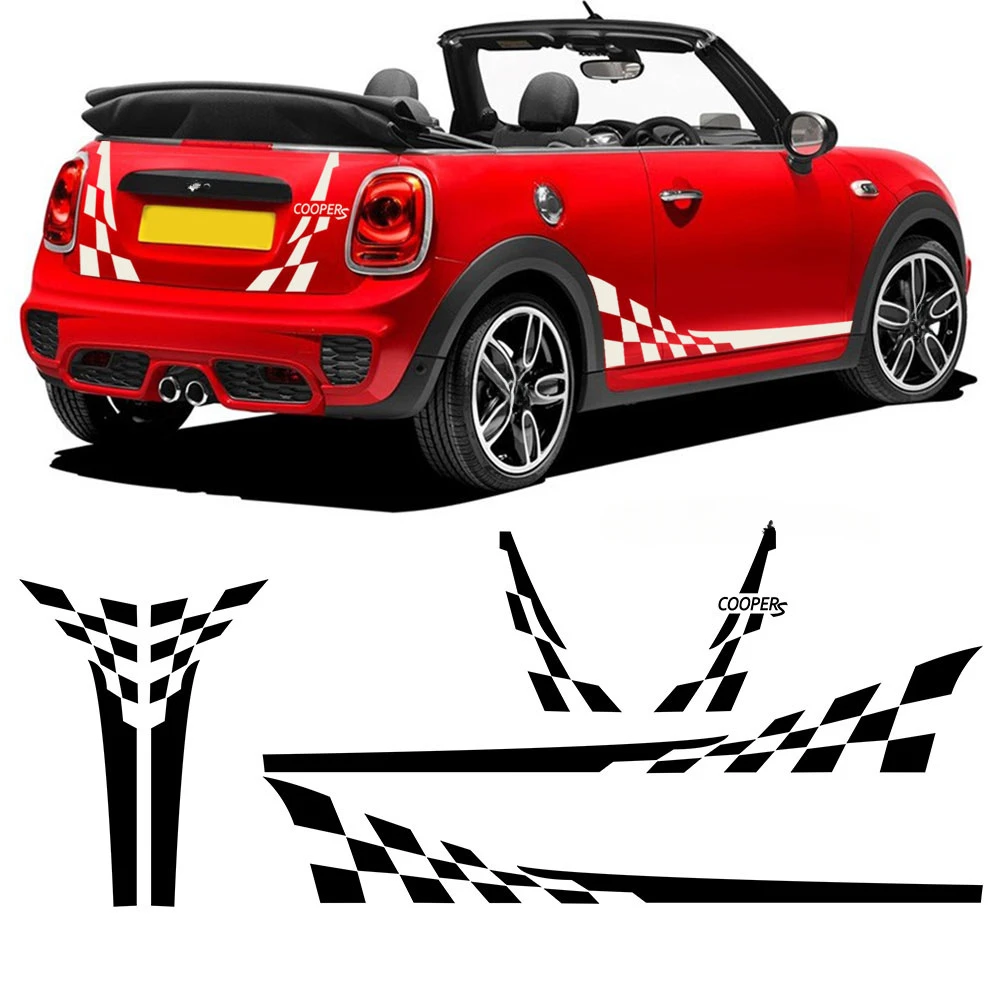 Car Styling Checkerboard Checkered Flag Door Side Stripes Decal Hood Trunk  Decor Stickers For MINI Cooper R56 2006-2013