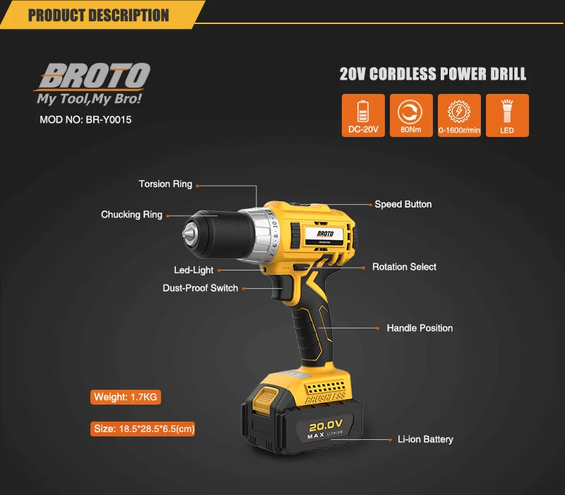 Best Seller Industrial Grade Power Drills Portable Hand Lithium Battery Cordless Drill