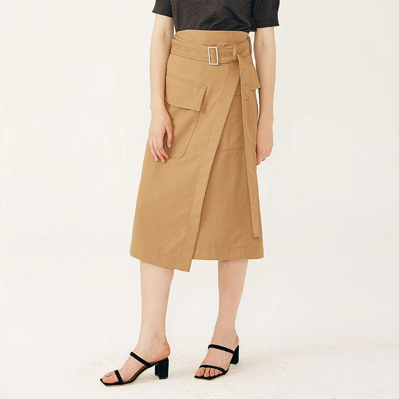 Женская дизайнерская официальная офисная одежда асимметричный длинный пояс цвета хаки трапециевидная юбка с