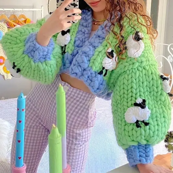 VSCOO custom sheep embroidery jacquard lantern sleeve women cardigan handmade crop top sweater