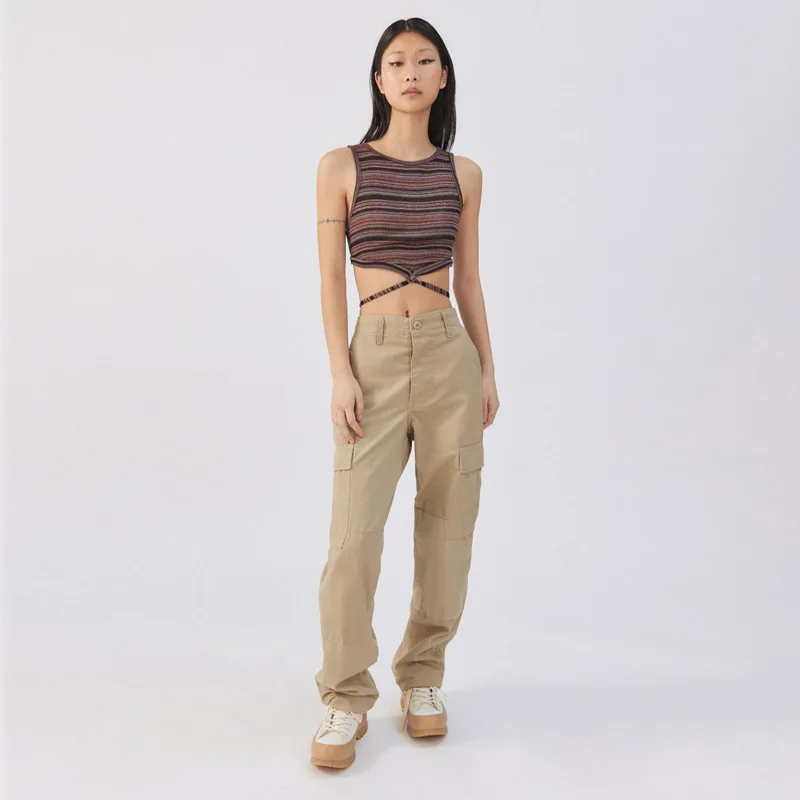 new customized spring high quality vintage solid color casual utility pockets cotton stacked women cargo pants