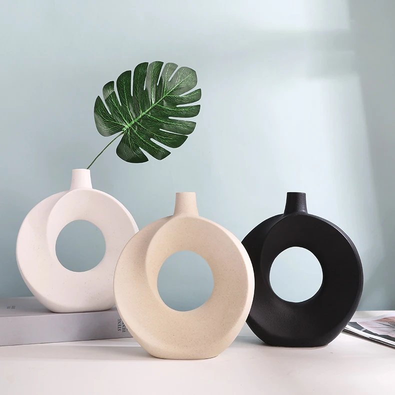 Round Ring Scandinavian Ins Frosted Minimalist Flower Arrangement Ceramic Crafts Porcelain Donut Vase Decoration Ornaments
