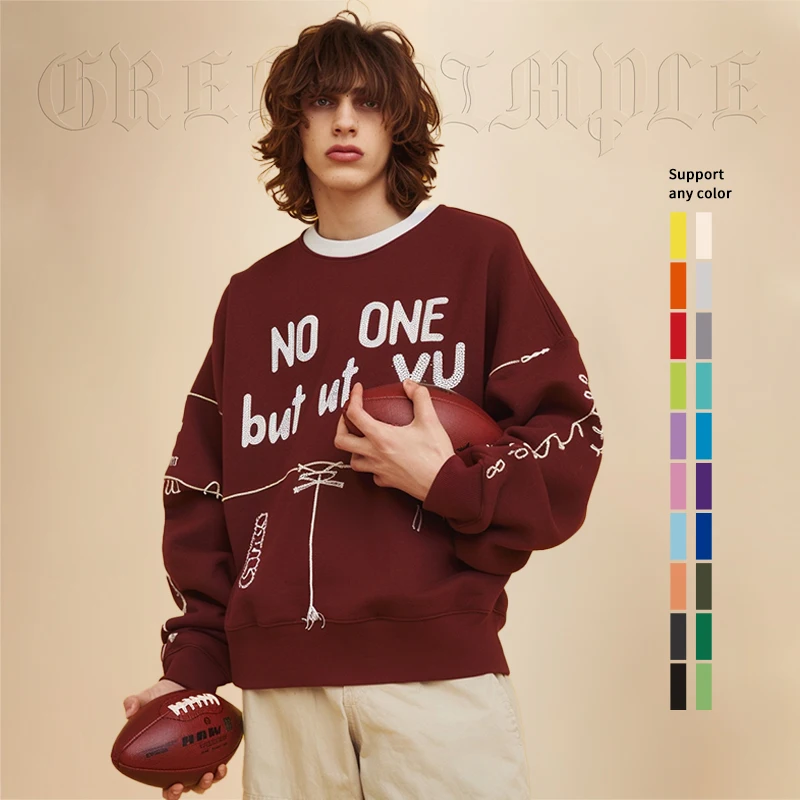 Green Dimple 350 GSM Crew Neck Drop Shoulder Heavyweight Sweatshirt Vintage Embroidery Sweaters Unisex Sweatshirt