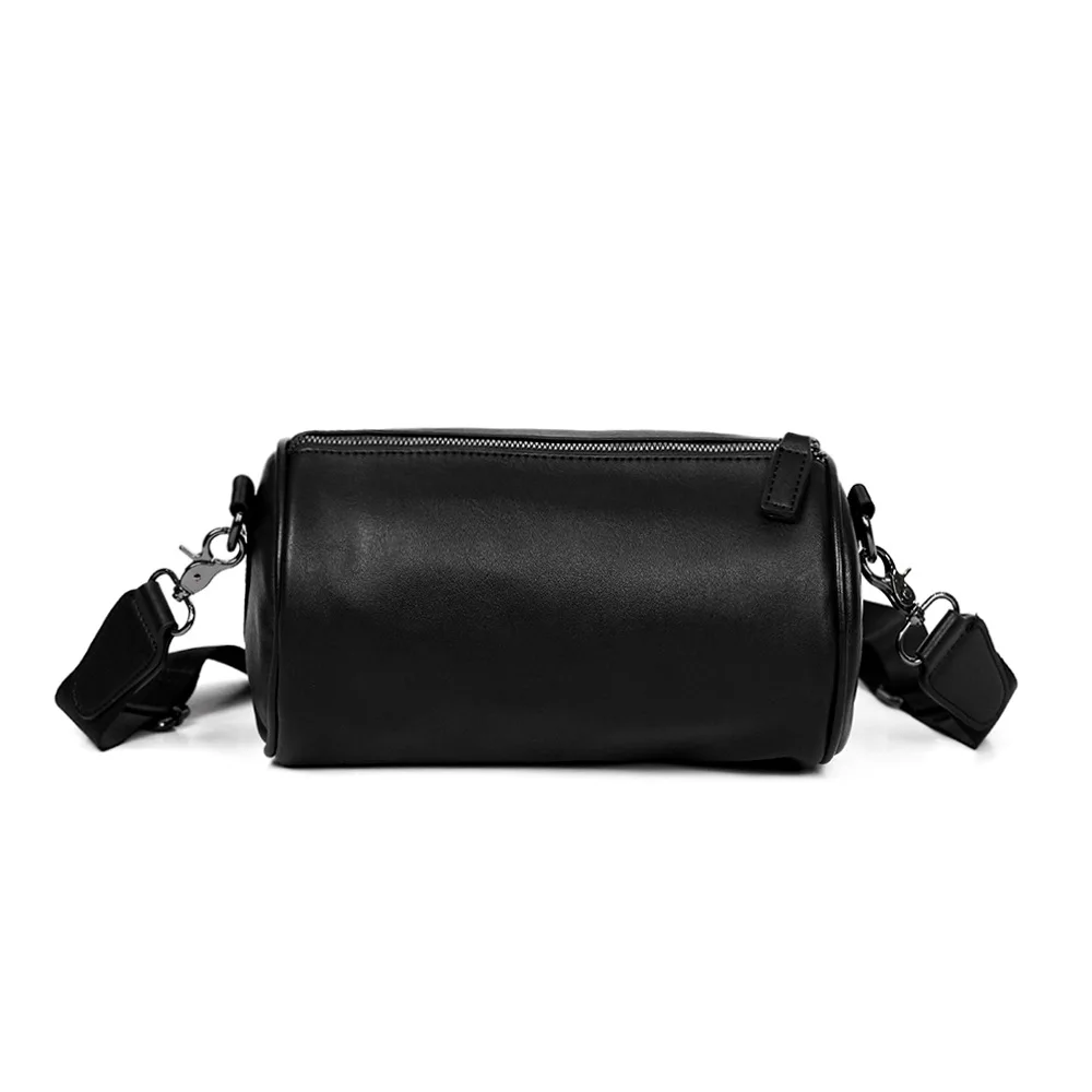 Custom oem mens leather gym cylinder phone bag men designer plain crossbody messenger bag for men shoulder messenger black