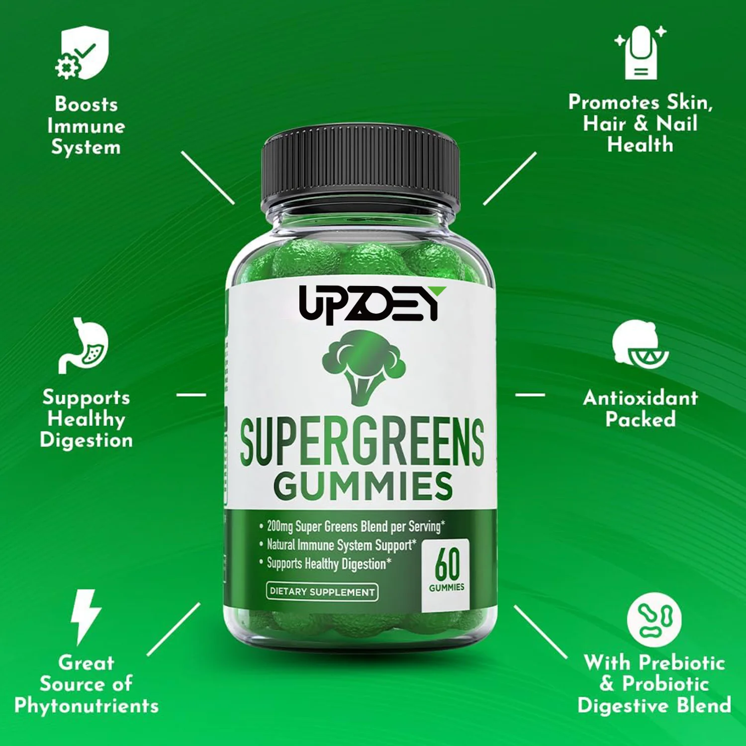 OEM organic Supergreens Gummies with Spinach, Broccoli, Moringa, Beet Root Boost Immune Health,Increase Digestion Healthy