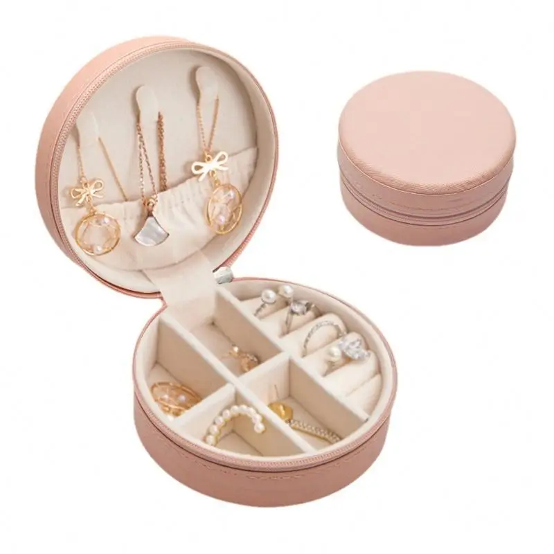 New Product Small Round Leather Jewelry Box Travel Jewelry Case Storage Organizer