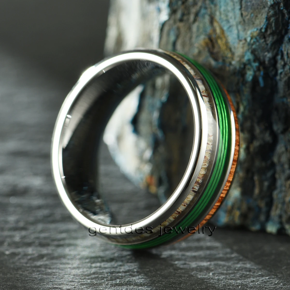Gentdes Jewelry Fashion Green Fishing Line Ring with Elk Antler and Makore Wood Tungsten Carbide Blank Ring for Men