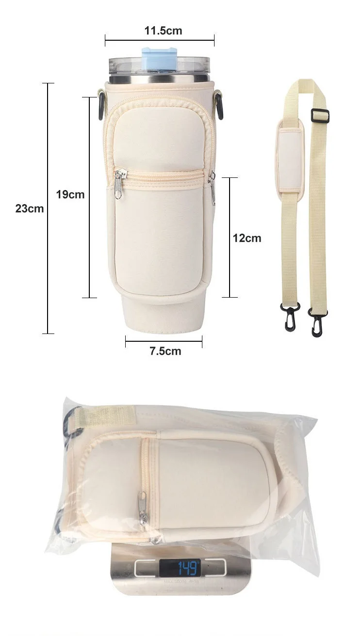 Custom logo neoprene 40oz water bottle carrier sleeve pouch tumbler cup holder sling bag with phone zipper pocket shoulder strap