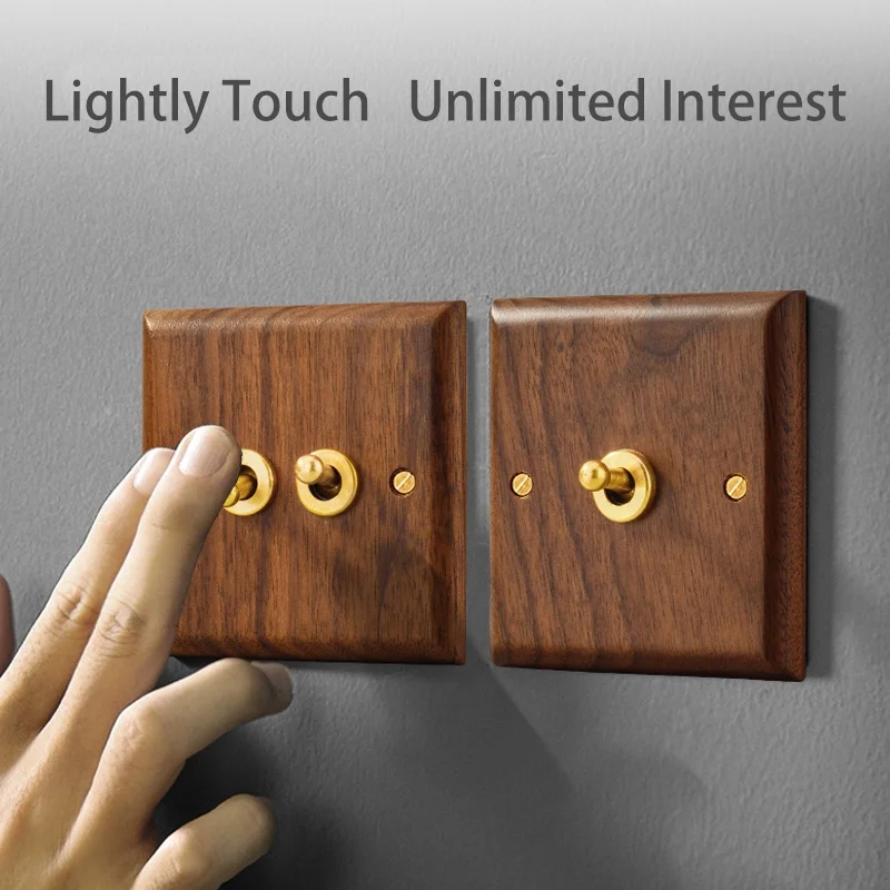 Sockets and switches electrical with Solid wood panel Brass Toggle UK British standard 13A toggle rocker